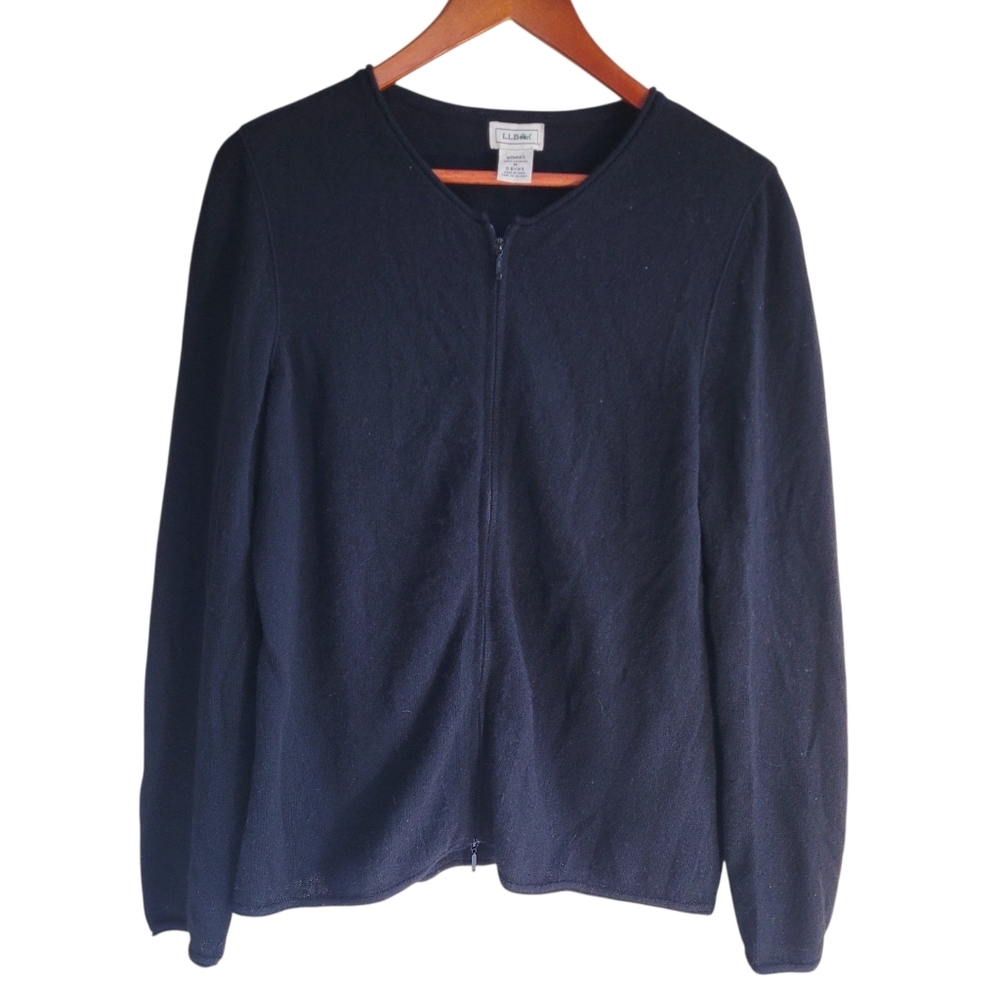 LLBean 100% Cashmere Zip Up Cardigan Crew Neck Sweater Black Womens Medium